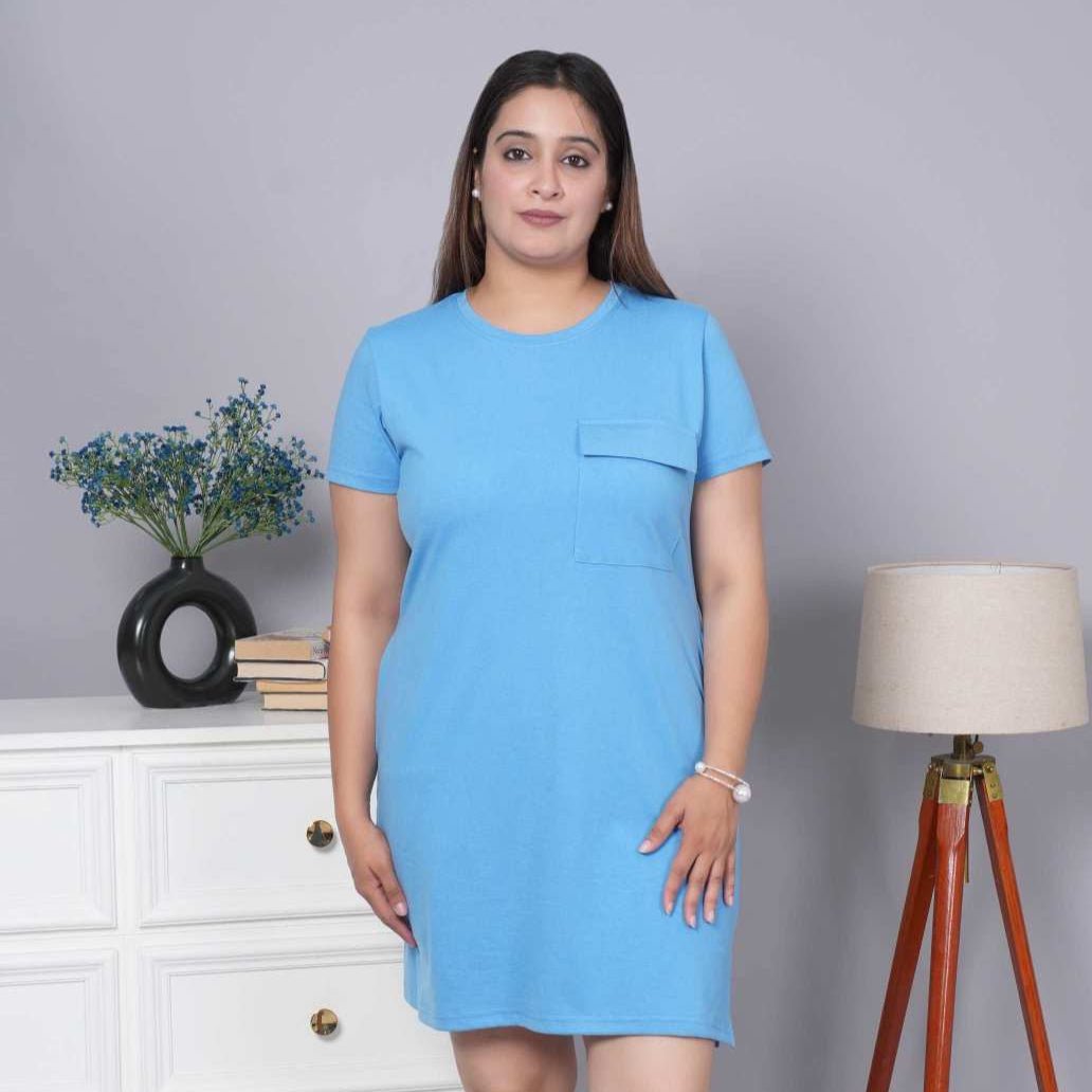 Sky cotton round neck dress with flap pocket - Flap pocket dress