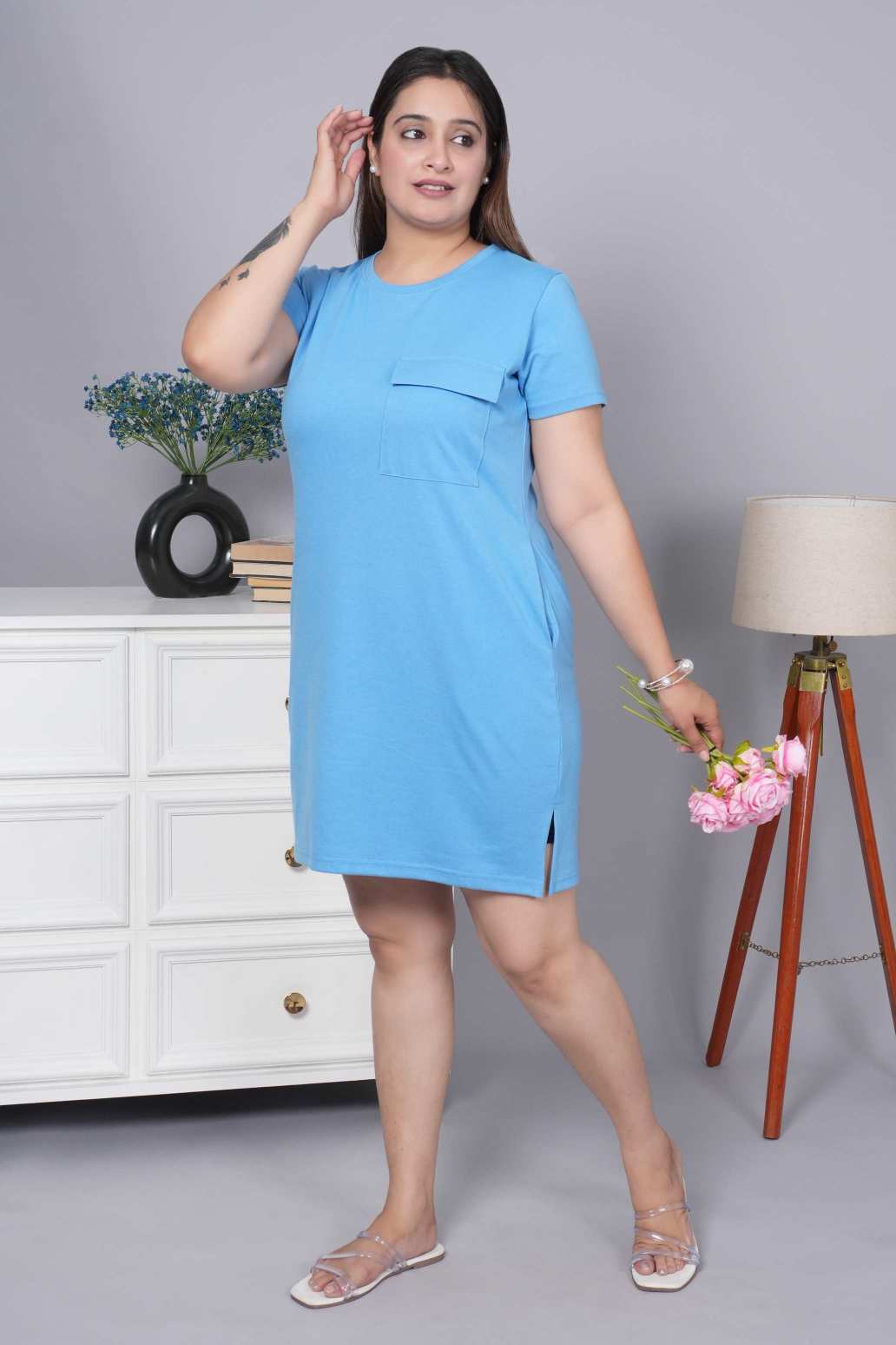 Sky cotton round neck dress with flap pocket - Flap pocket dress