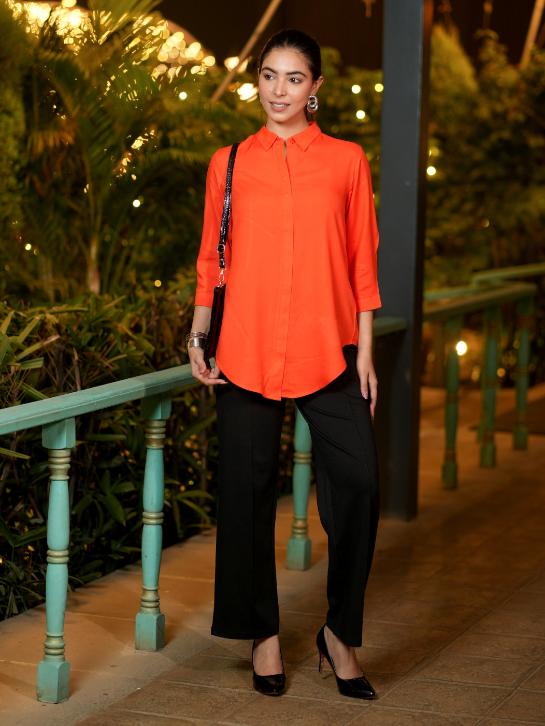 Spicy orange long hemline shirt [ 100% Rayon, Liva Certified ] - Long hemline shirt