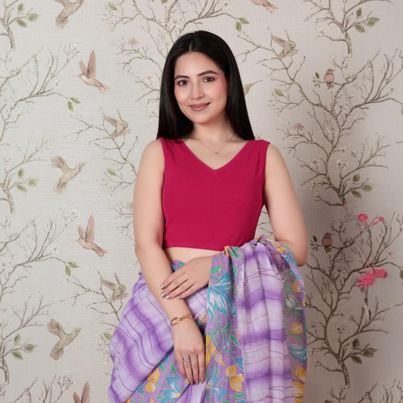 Fuchsia Rib V Neck Sleeveless Blouse [ 100% USA HQ Cotton, 280 GSM non transparent fabric ]