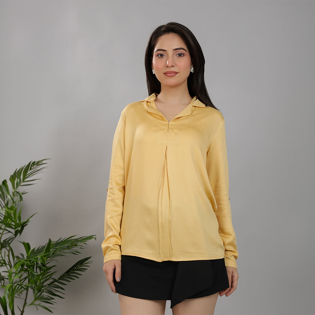 Beige Lapel collar satin top