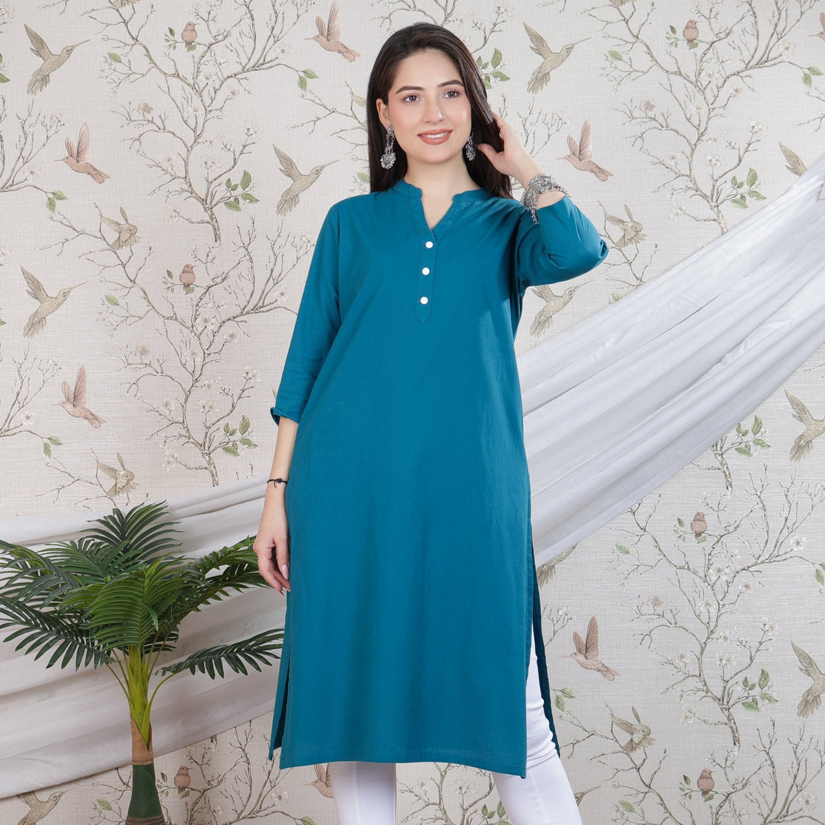 Teal 100% Premium Cotton Long Kurta -Cotton long kurta