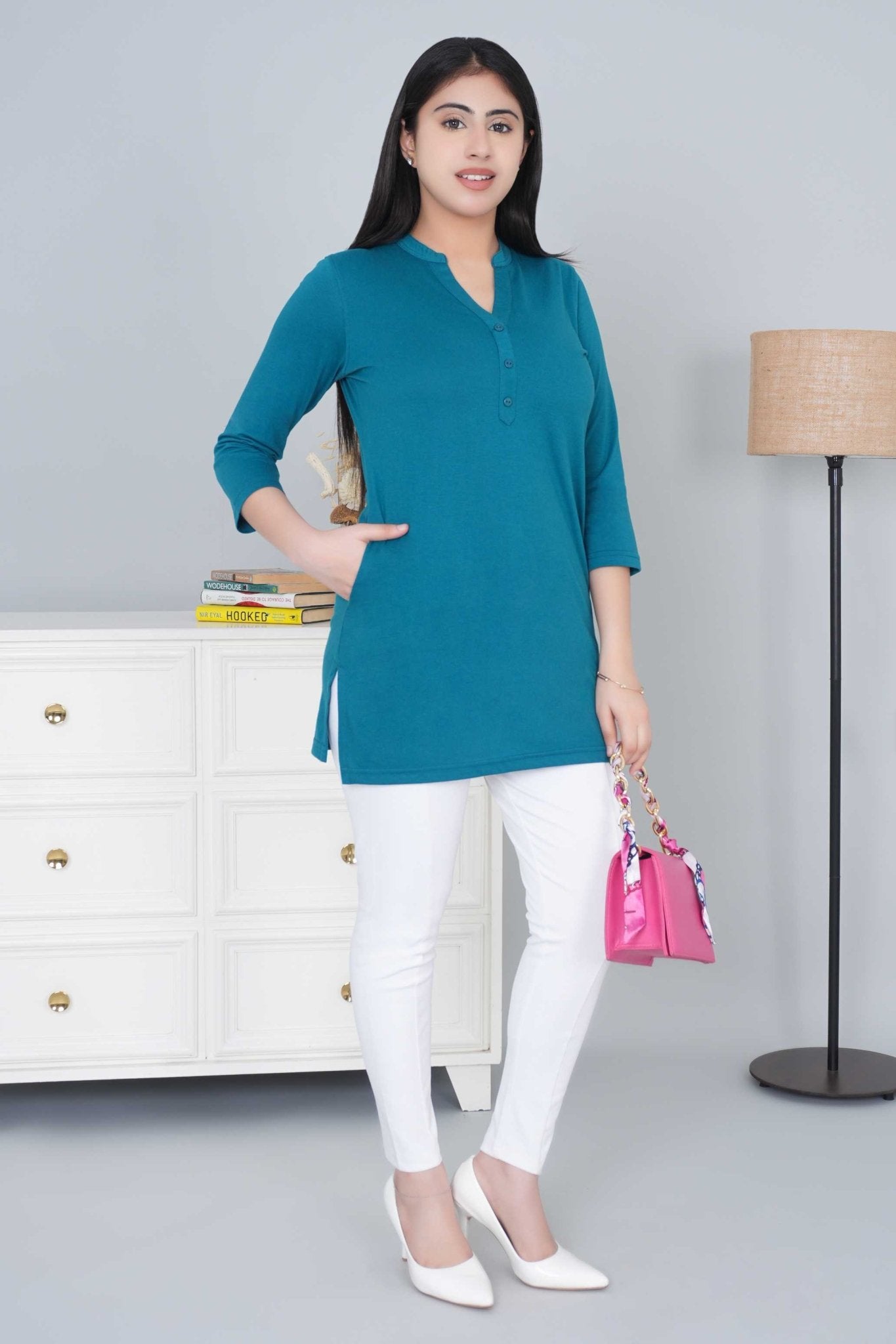 Teal cotton kurti tshirt with pockets (Copy) - Kurti tshirt
