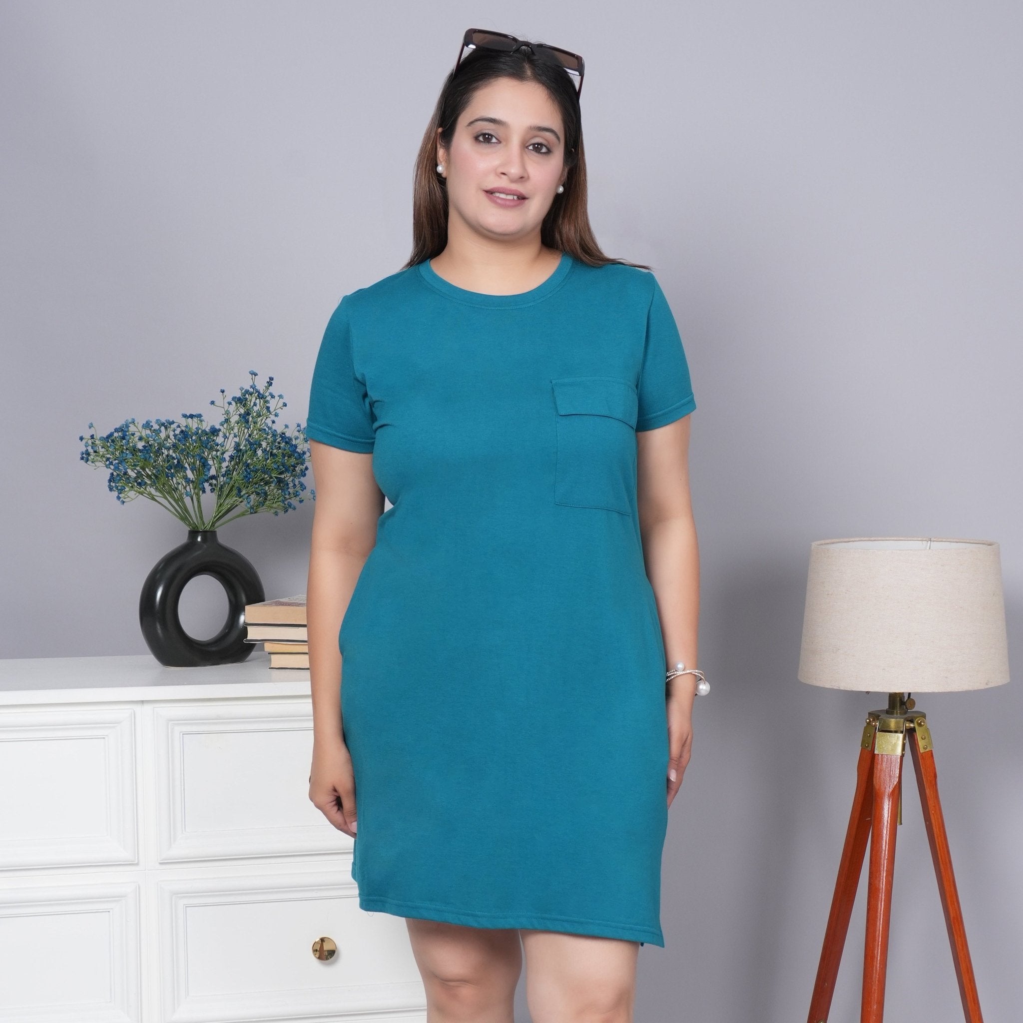 Teal cotton round neck dress with flap pocket - Flap pocket dress