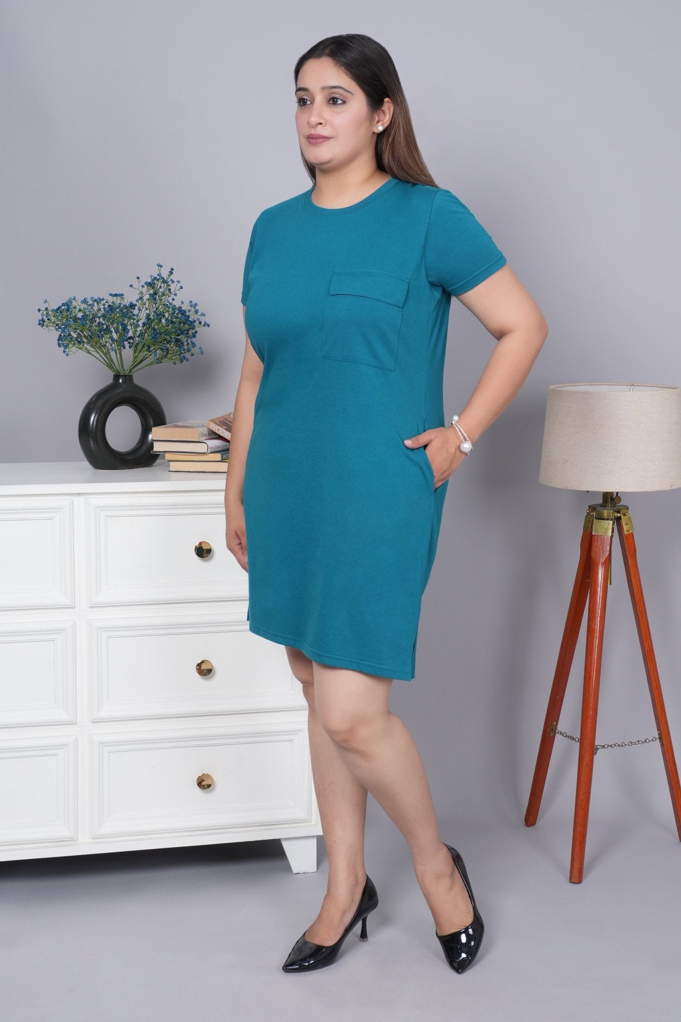 Teal cotton round neck dress with flap pocket - Flap pocket dress
