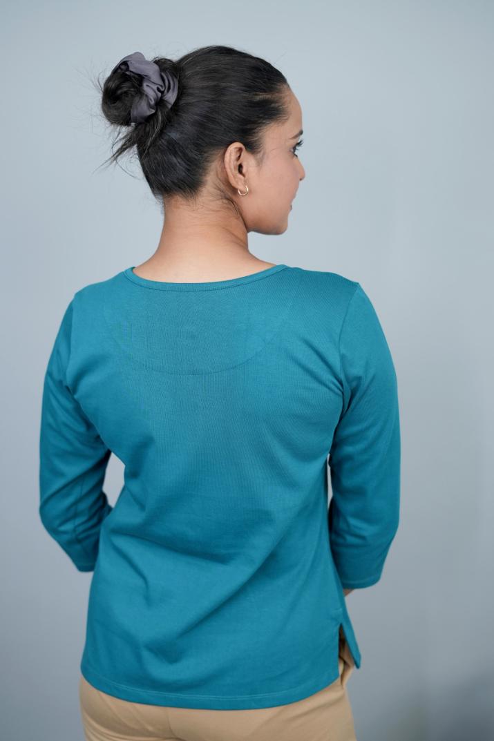 Teal Henley Tshirt [Non transparent 220 gsm thick ] - Henley Tshirt