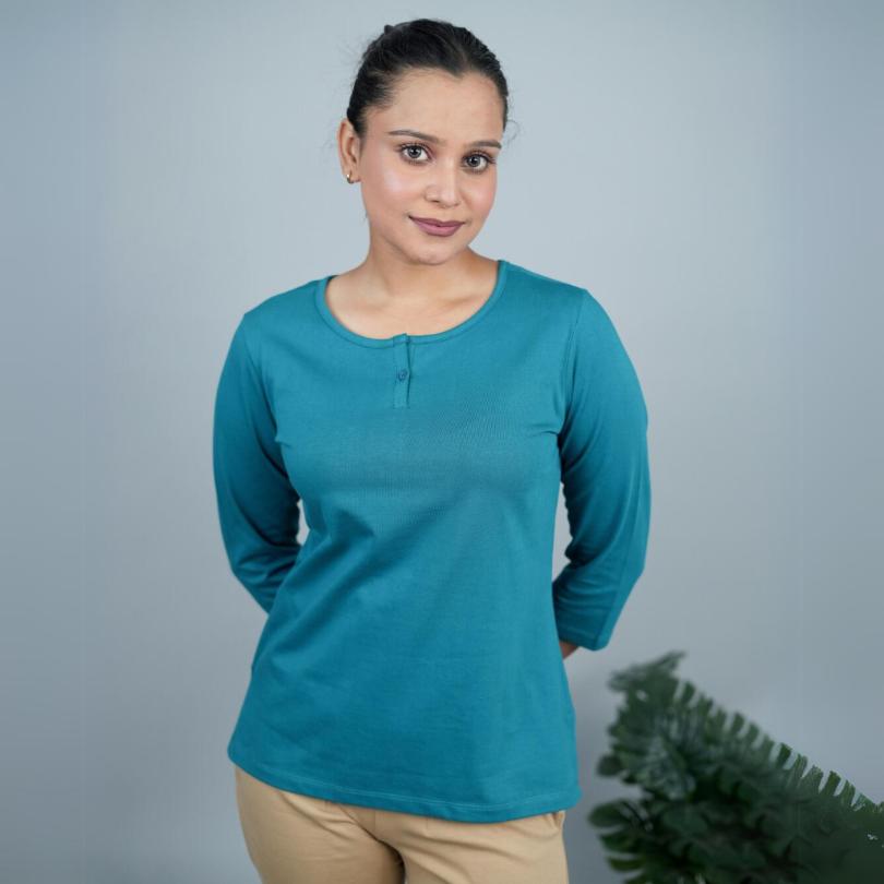 Teal Henley Tshirt [Non transparent 220 gsm thick ] - Henley Tshirt