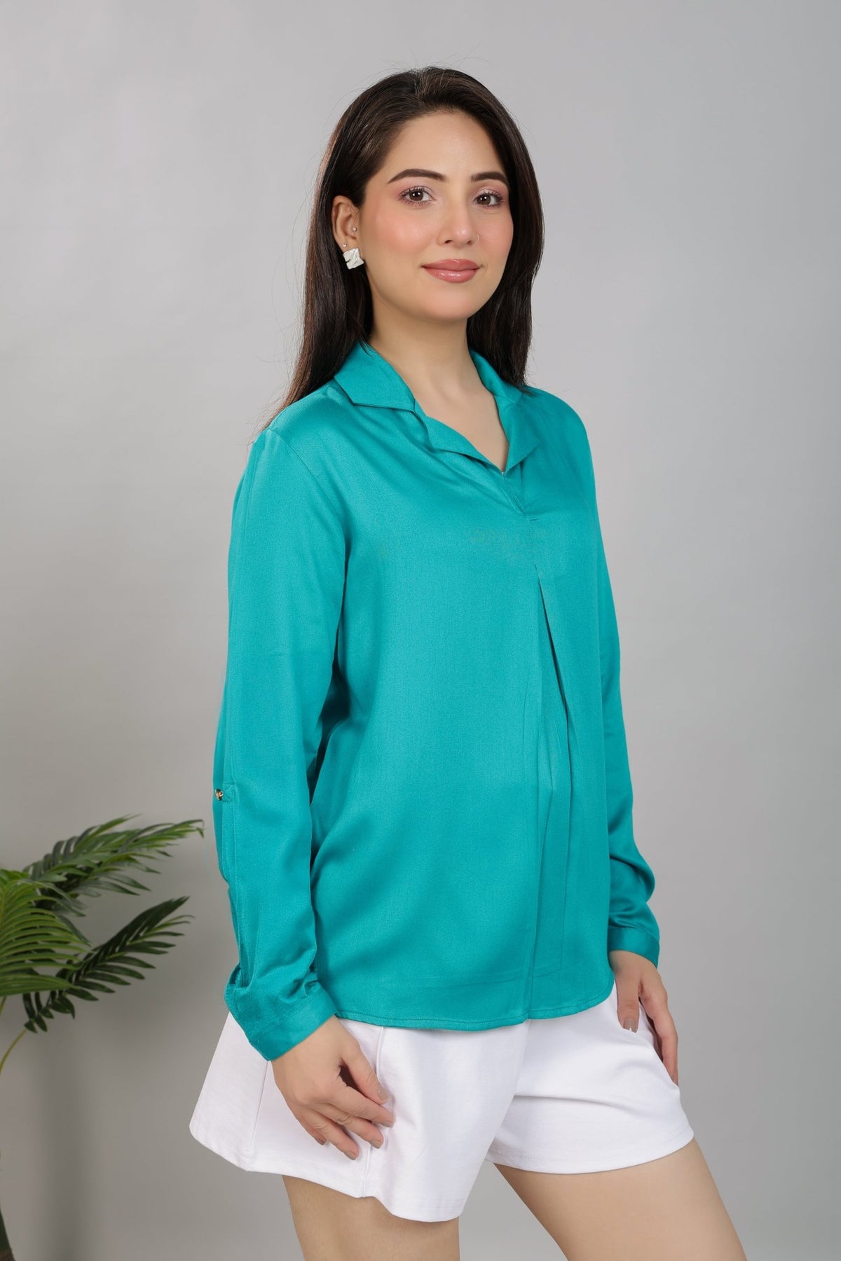 Teal Lapel collar satin top -satin shirt