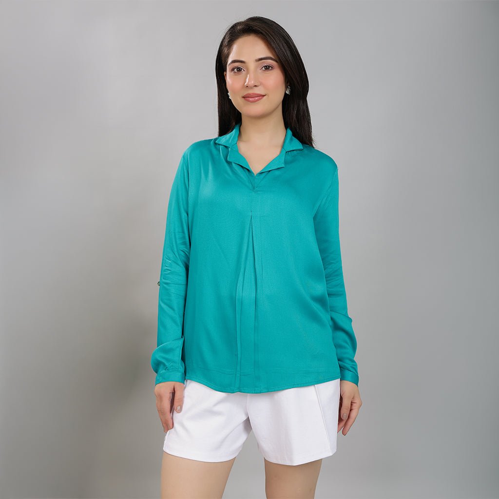 Teal Lapel collar satin top -satin shirt