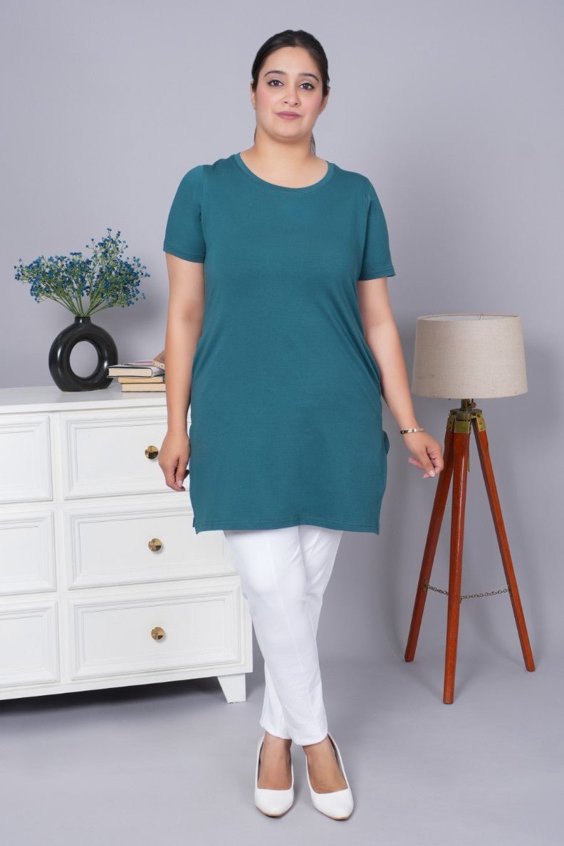 Teal long round neck cotton t-shirt with pockets - Long cotton t-shirt