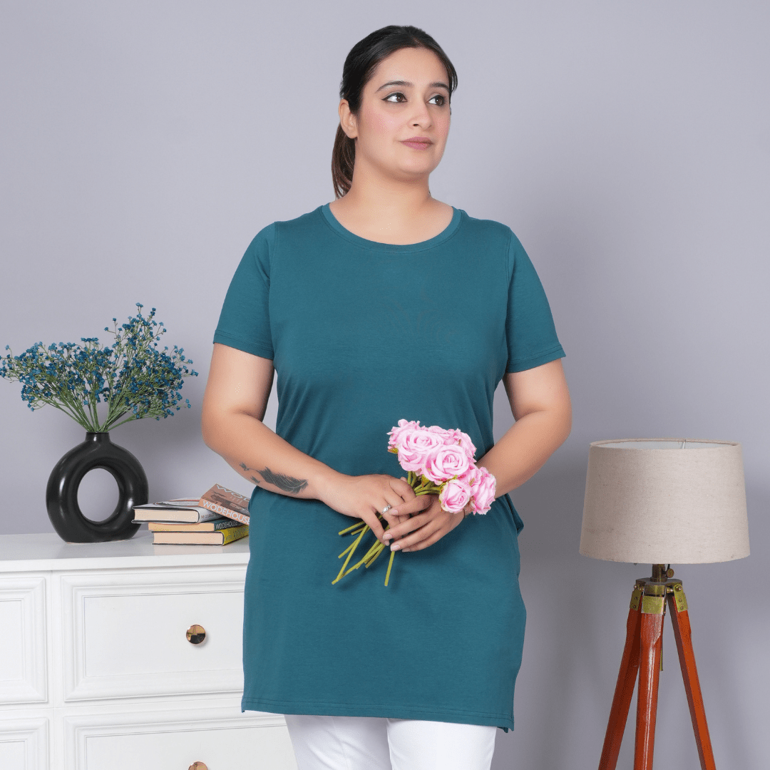 Teal long round neck cotton t-shirt with pockets - Long cotton t-shirt
