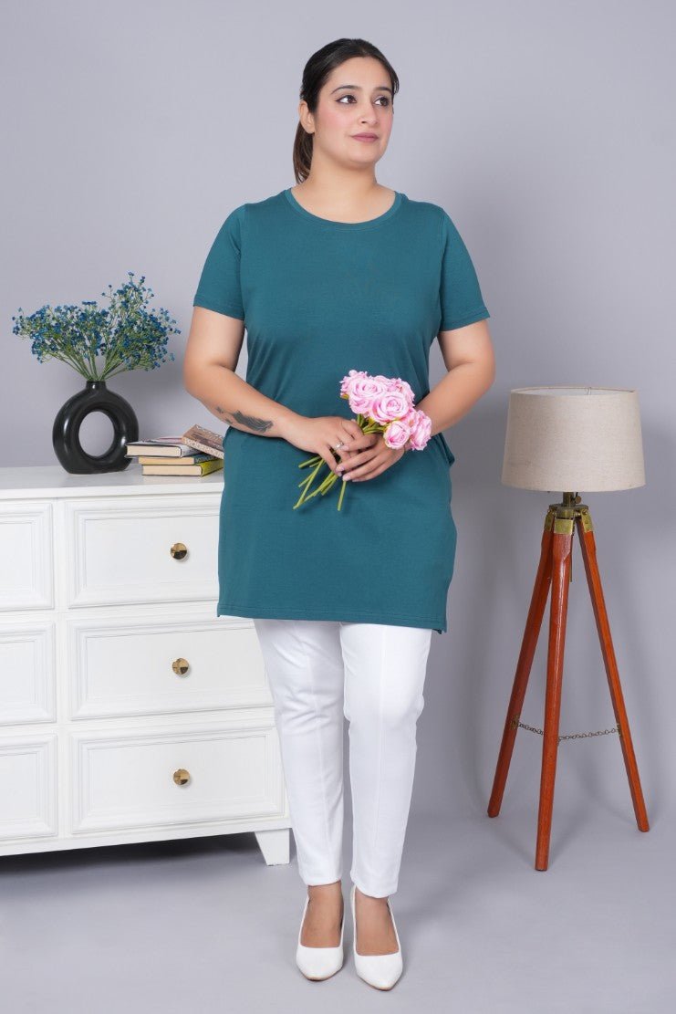 Teal long round neck cotton t-shirt with pockets - Long cotton t-shirt