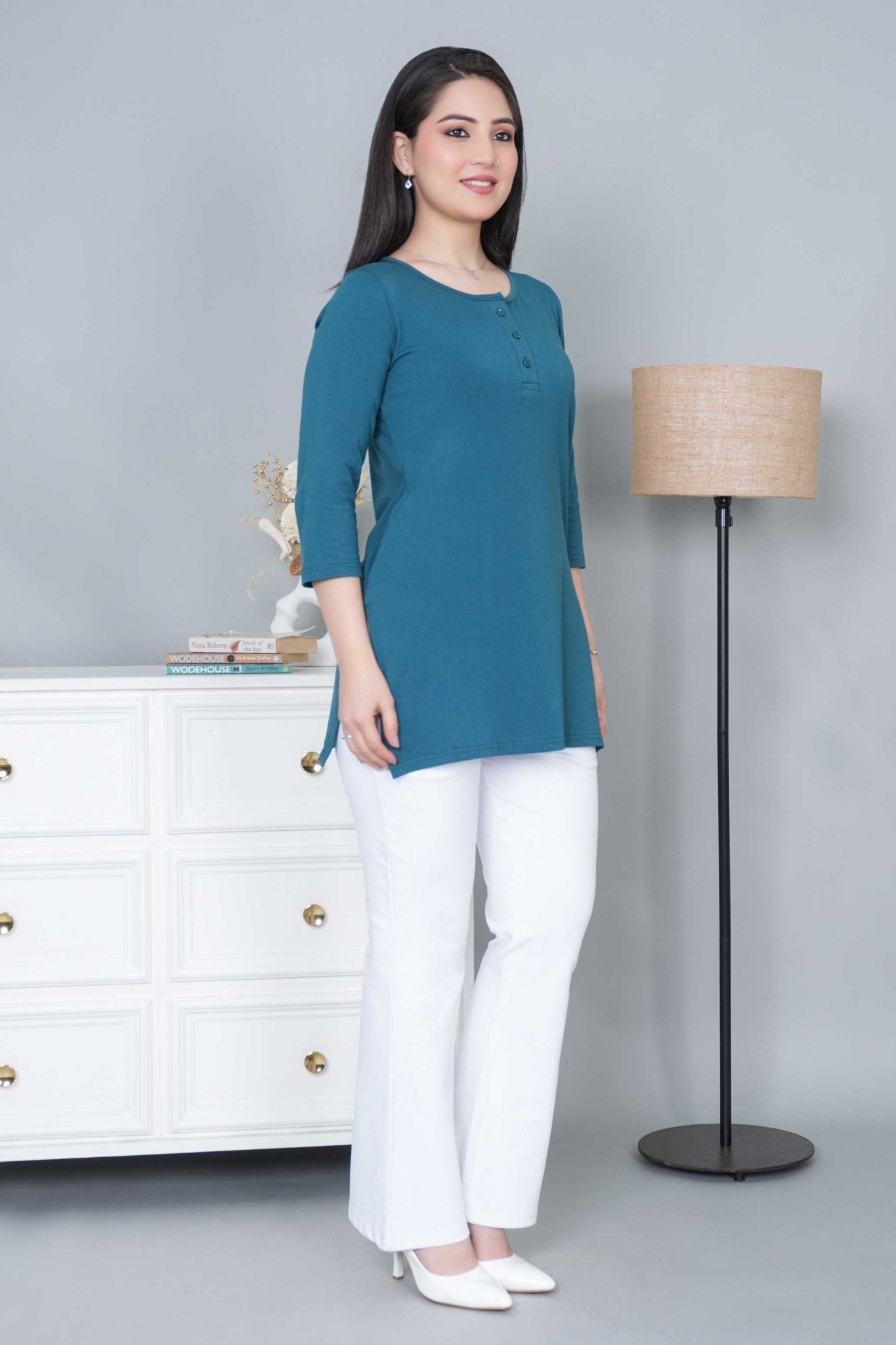Teal long round neck henley cotton lycra t-shirt with pockets - Long cotton t-shirt