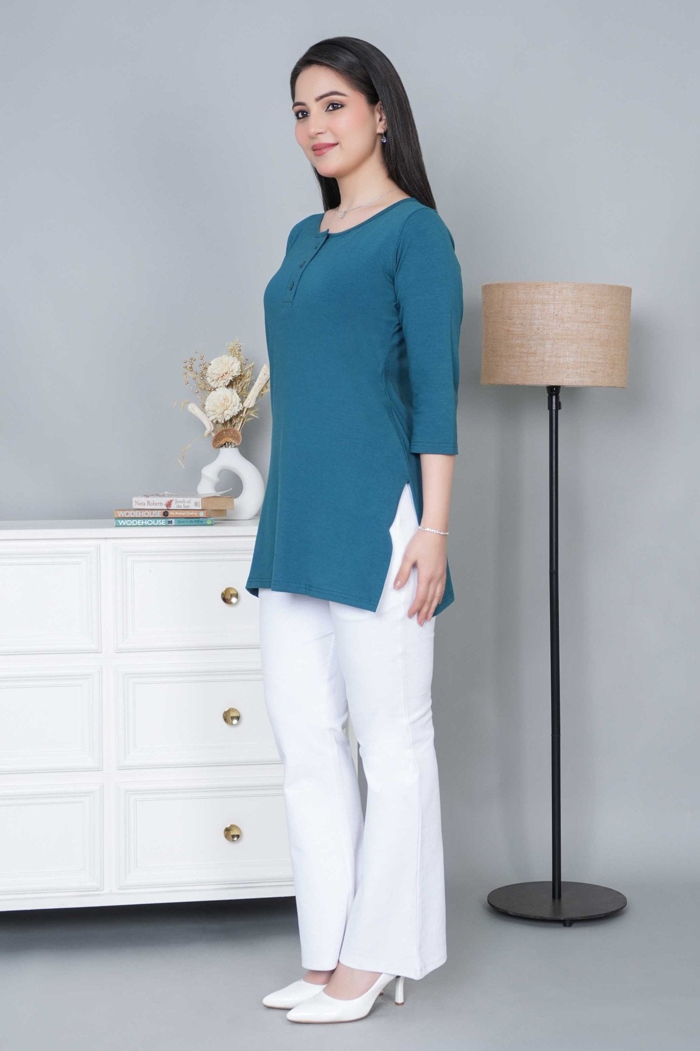 Teal long round neck henley cotton lycra t-shirt with pockets - Long cotton t-shirt