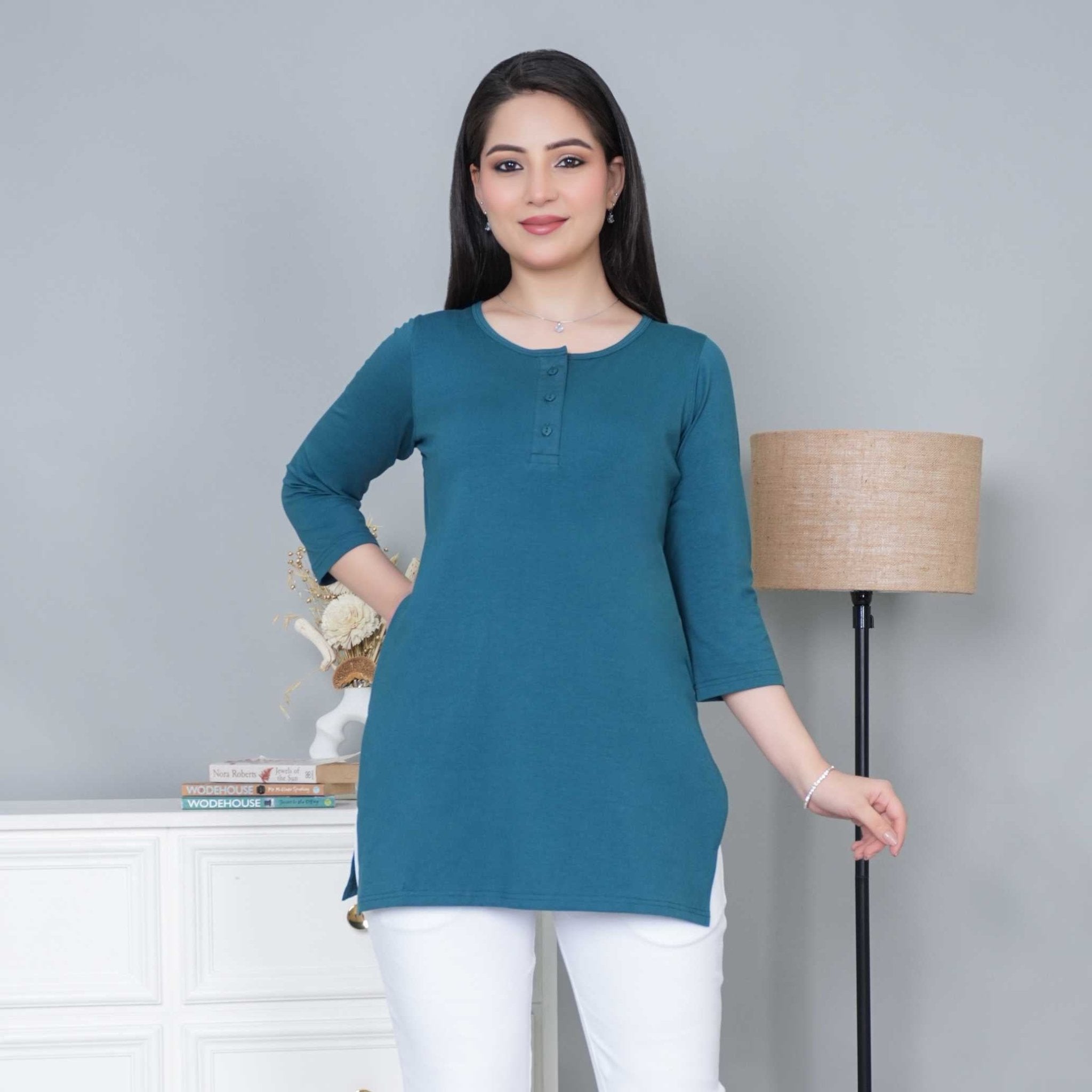 Teal long round neck henley cotton lycra t-shirt with pockets - Long cotton t-shirt