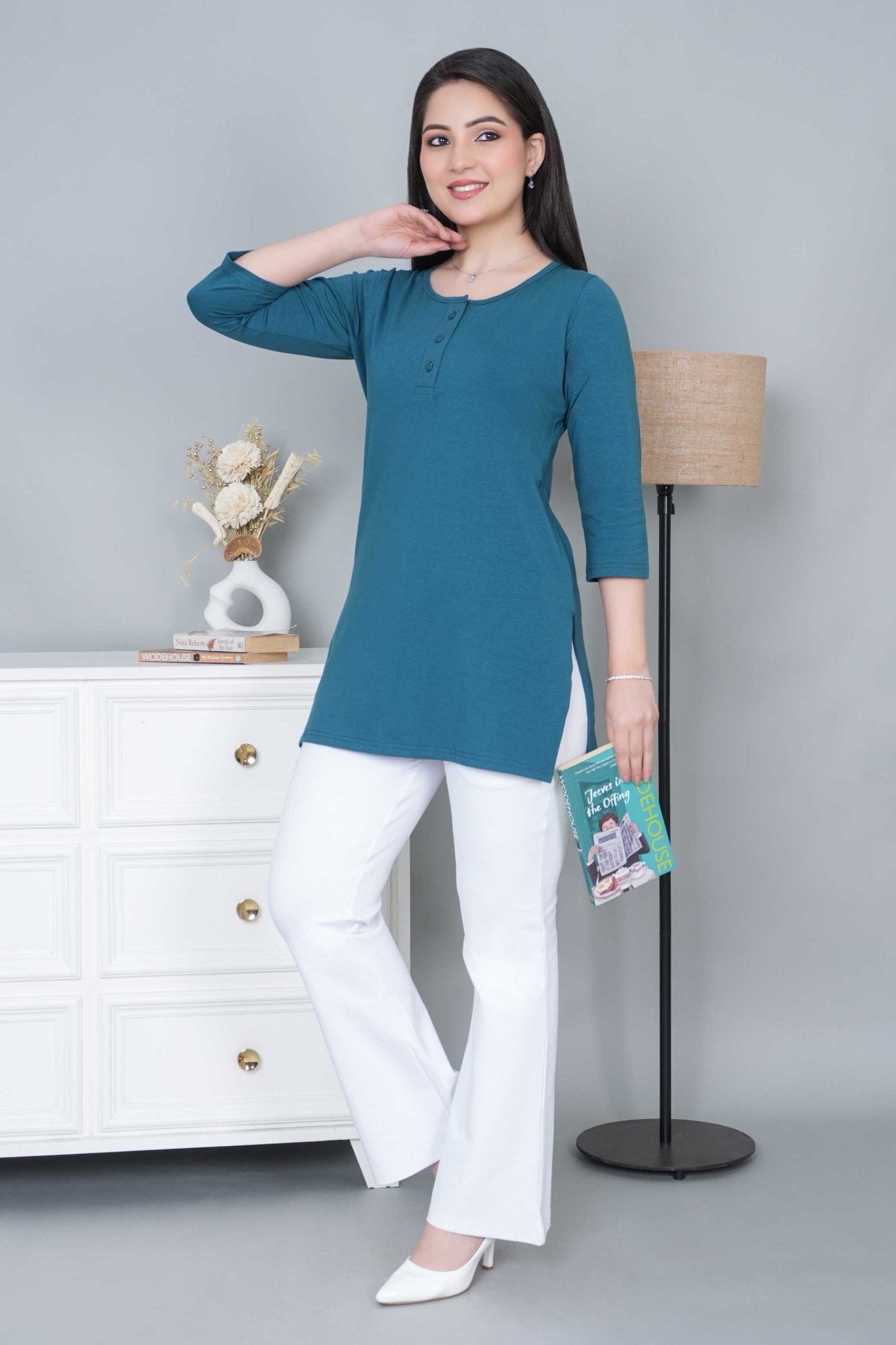 Teal long round neck henley cotton lycra t-shirt with pockets - Long cotton t-shirt