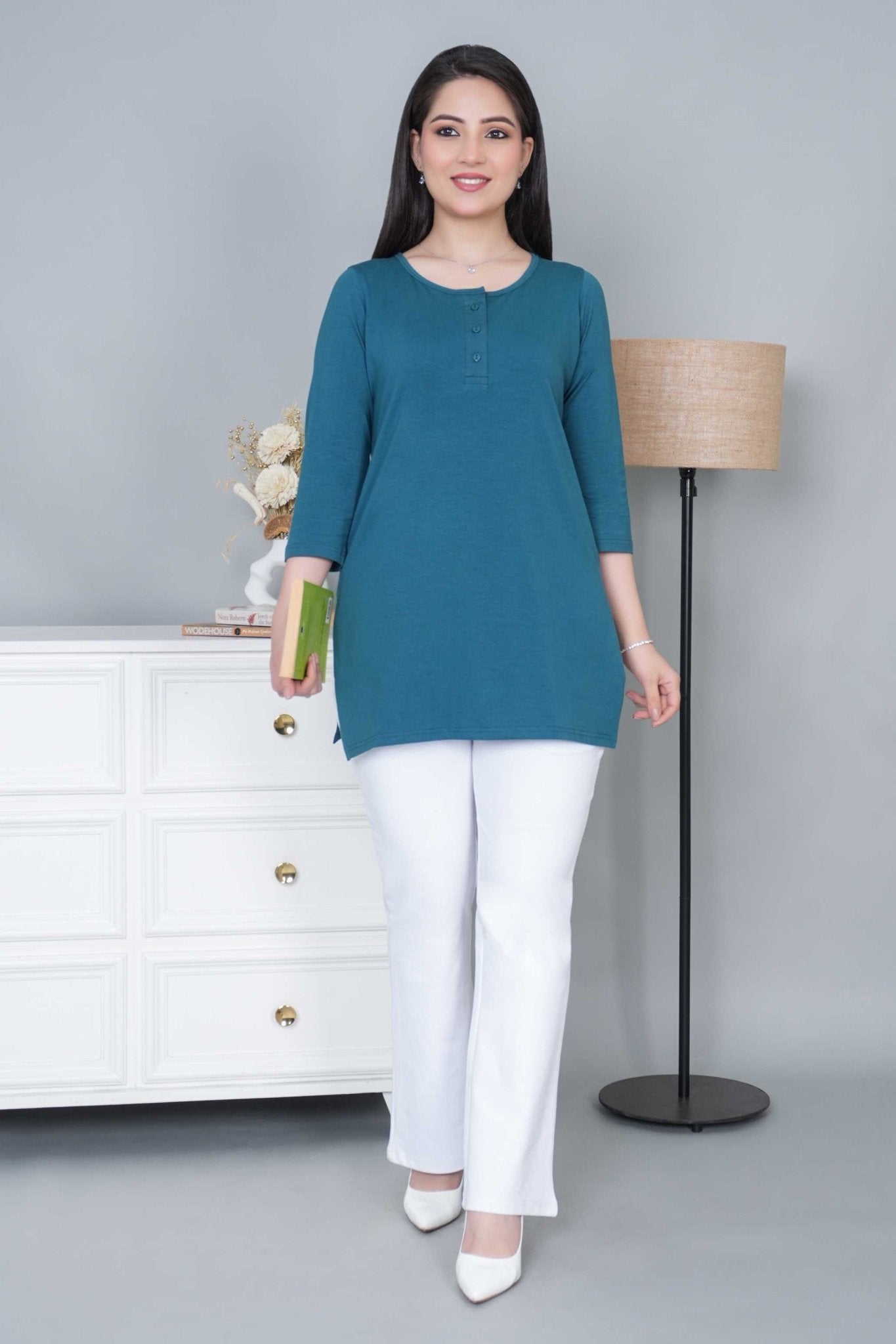 Teal long round neck henley cotton lycra t-shirt with pockets - Long cotton t-shirt