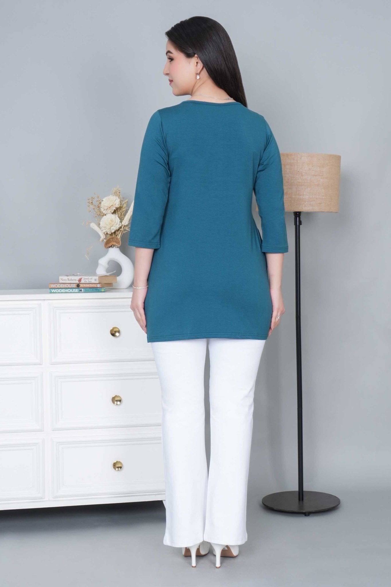 Teal long round neck henley cotton lycra t-shirt with pockets - Long cotton t-shirt