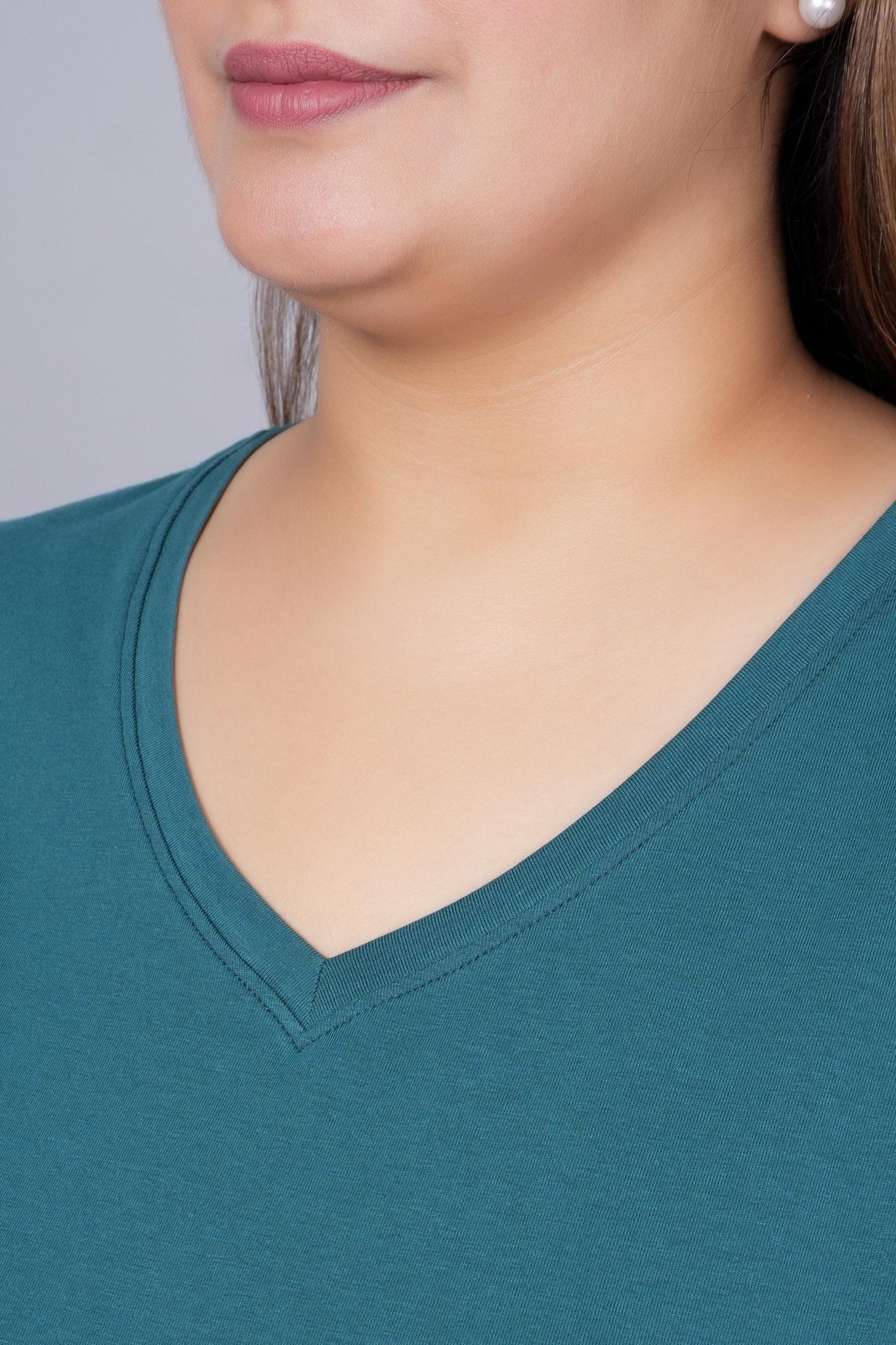 Teal long v neck cotton lycra t-shirt with pockets - Long cotton t-shirt