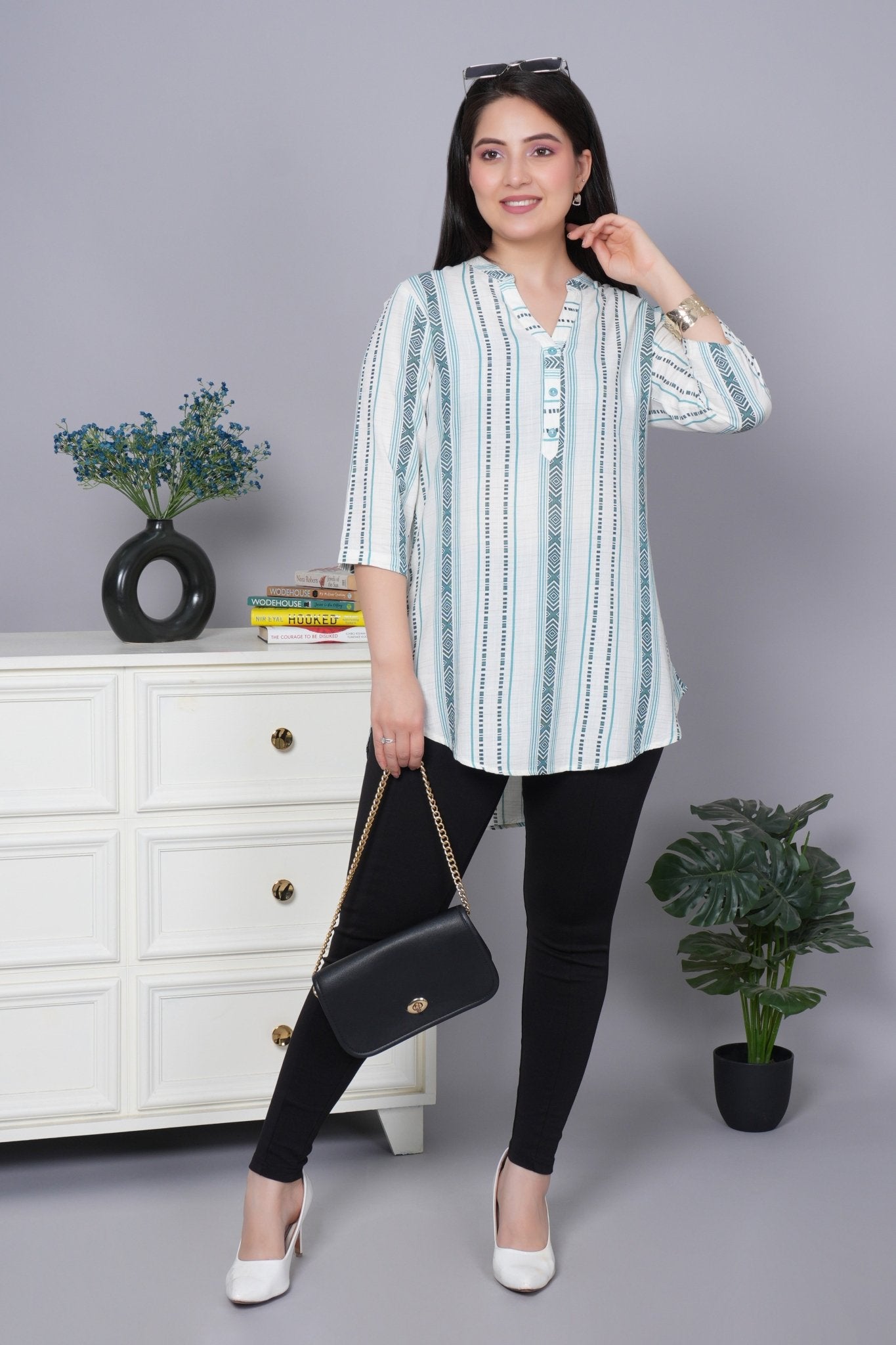 Teal printed kurta neck cotton top [100% Cotton] - Cotton printed kurta neck top
