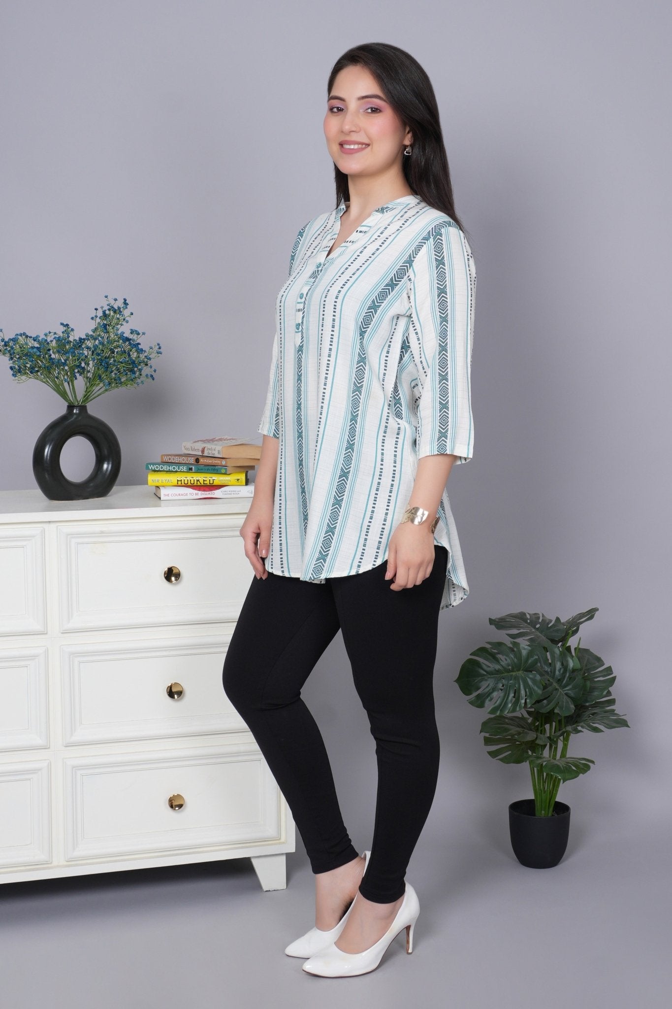 Teal printed kurta neck cotton top [100% Cotton] - Cotton printed kurta neck top