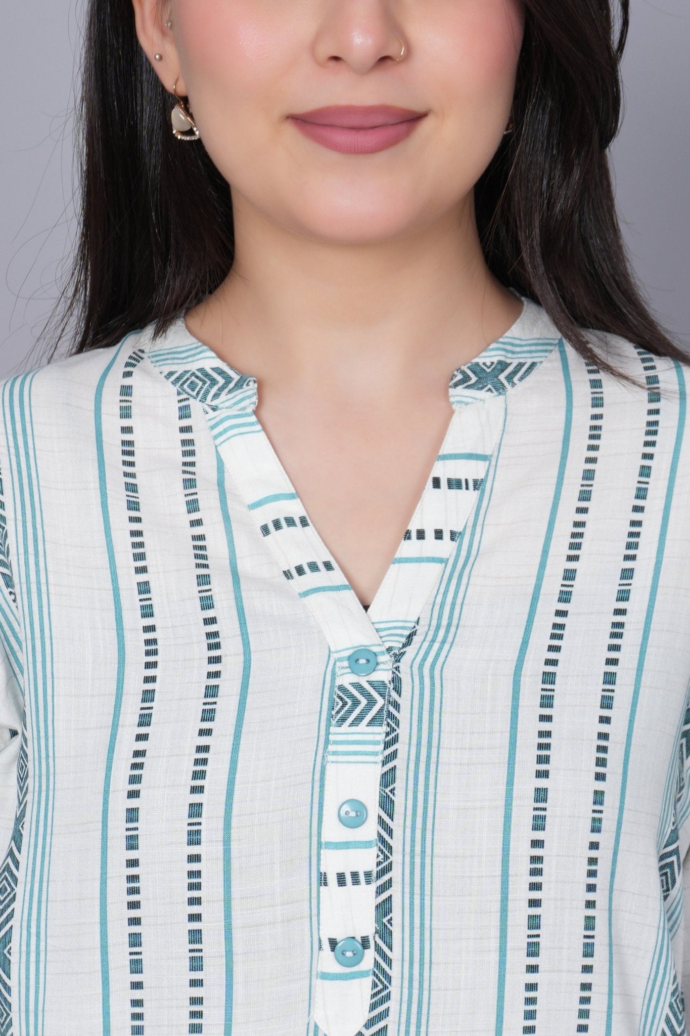Teal printed kurta neck cotton top [100% Cotton] - Cotton printed kurta neck top