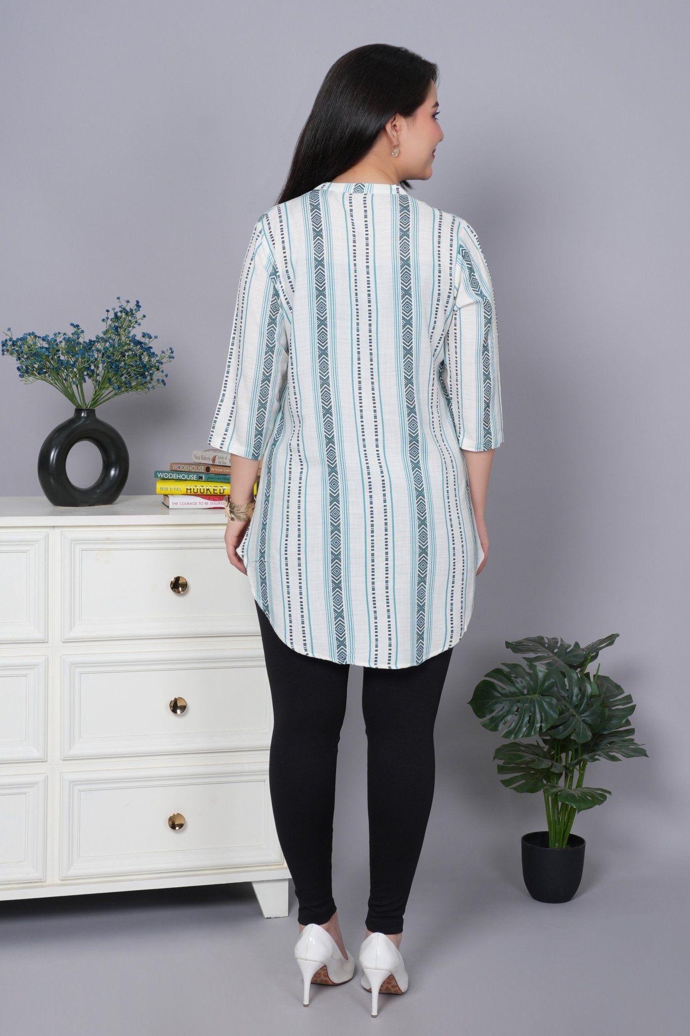 Teal printed kurta neck cotton top [100% Cotton] - Cotton printed kurta neck top