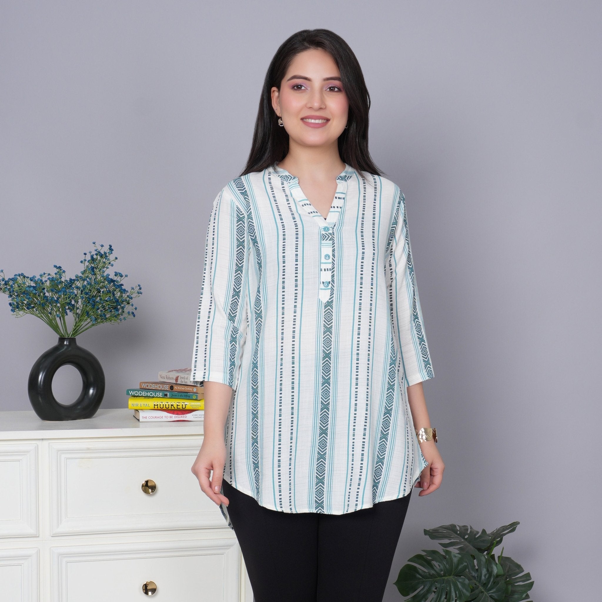 Teal printed kurta neck cotton top [100% Cotton] - Cotton printed kurta neck top