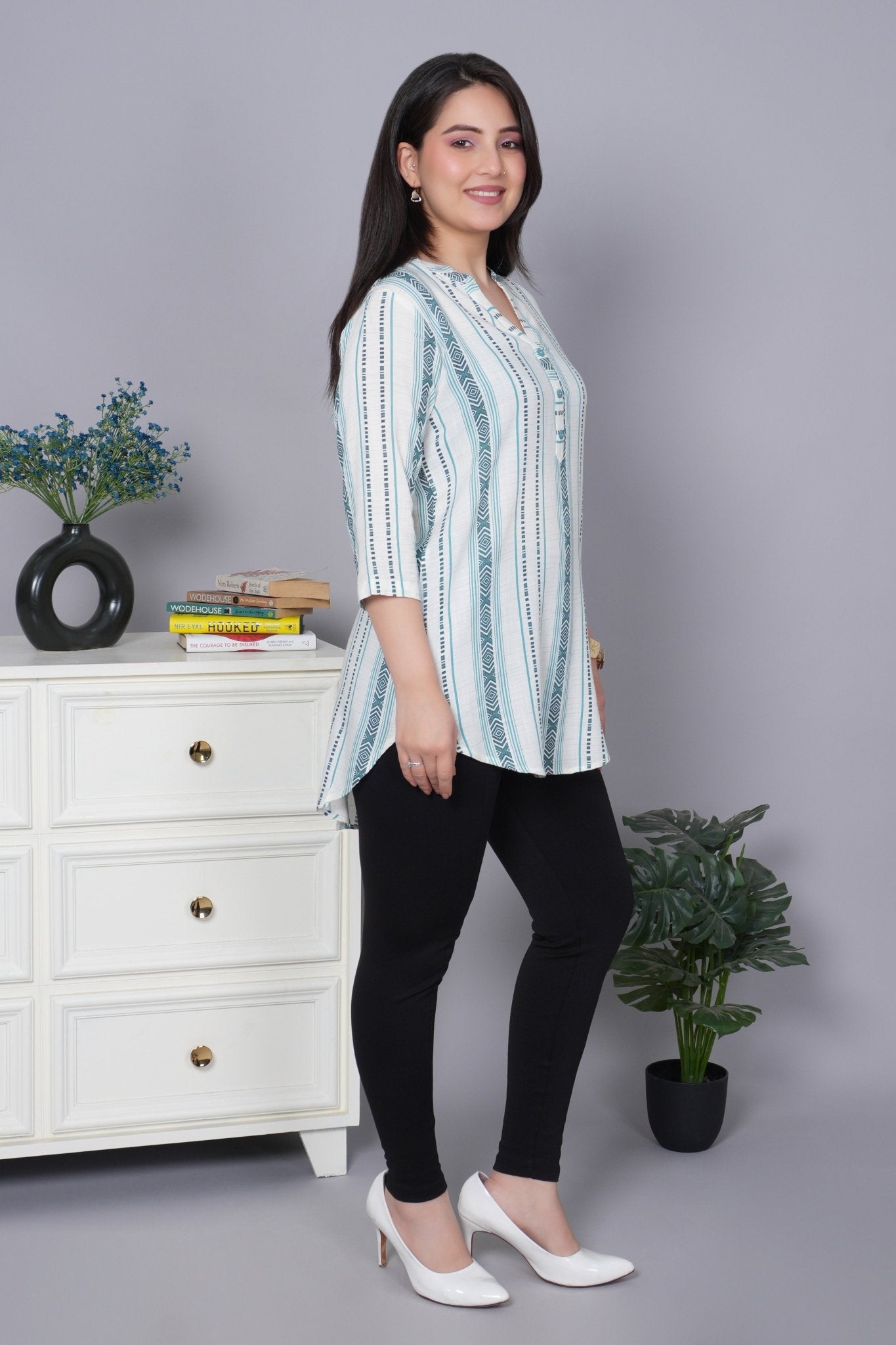 Teal printed kurta neck cotton top [100% Cotton] - Cotton printed kurta neck top