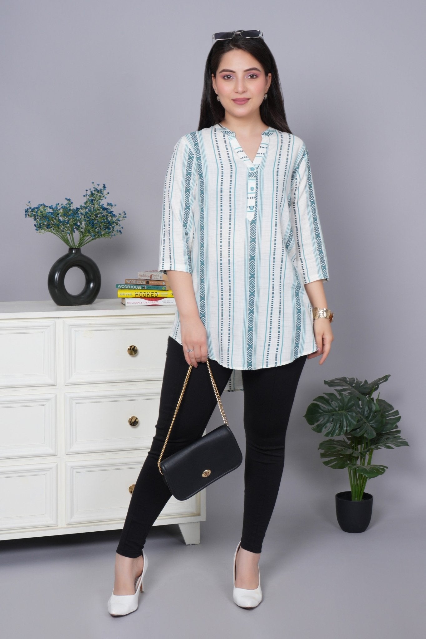 Teal printed kurta neck cotton top [100% Cotton] - Cotton printed kurta neck top