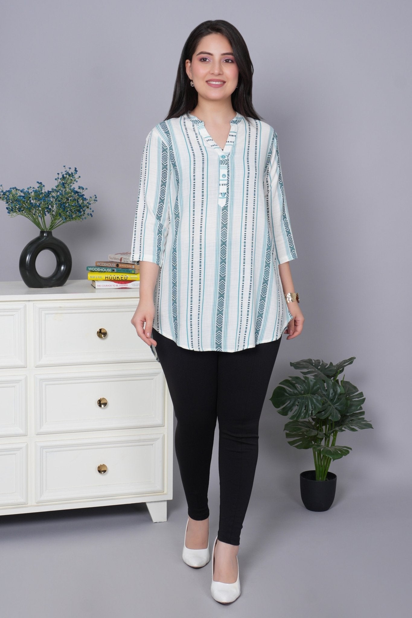 Teal printed kurta neck cotton top [100% Cotton] - Cotton printed kurta neck top