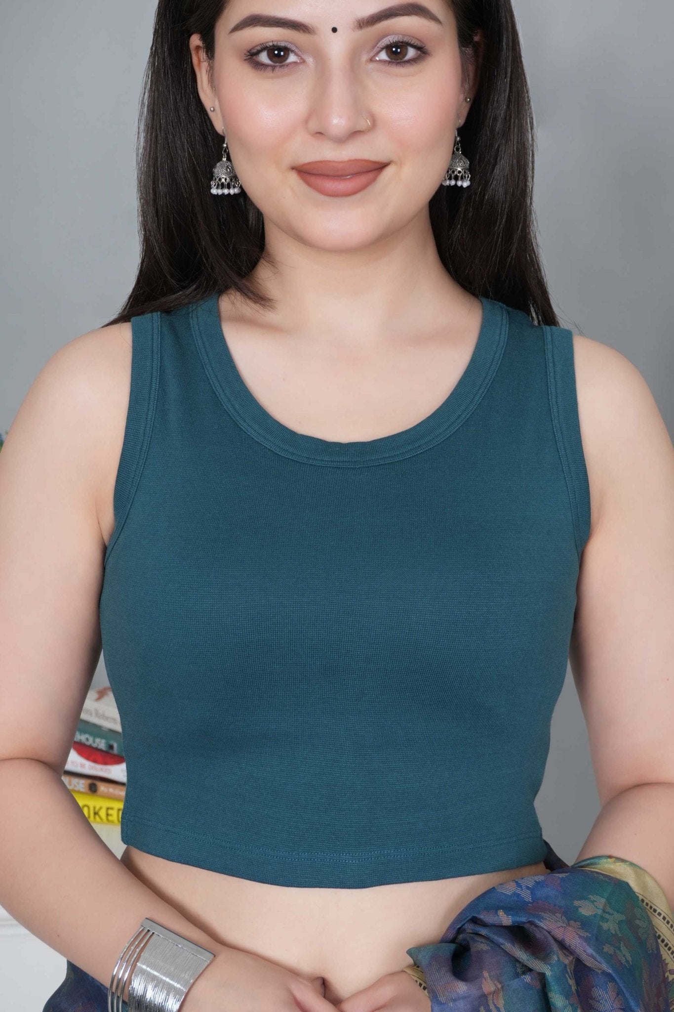 Teal Rib Crop Blouse [ 100% USA HQ Cotton, 280 GSM non transparent fabric ] - Rib crop blouse