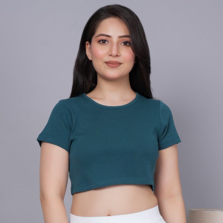 Teal Rib Crop T Shirt [ 100% USA HQ Cotton, 280 GSM non transparent fabric ] - Rib crop t shirt