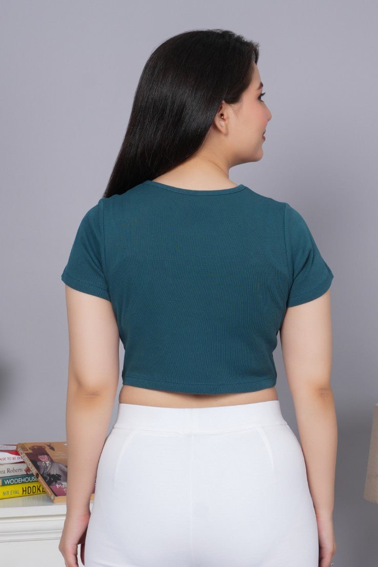 Teal Rib Crop T Shirt [ 100% USA HQ Cotton, 280 GSM non transparent fabric ] - Rib crop t shirt