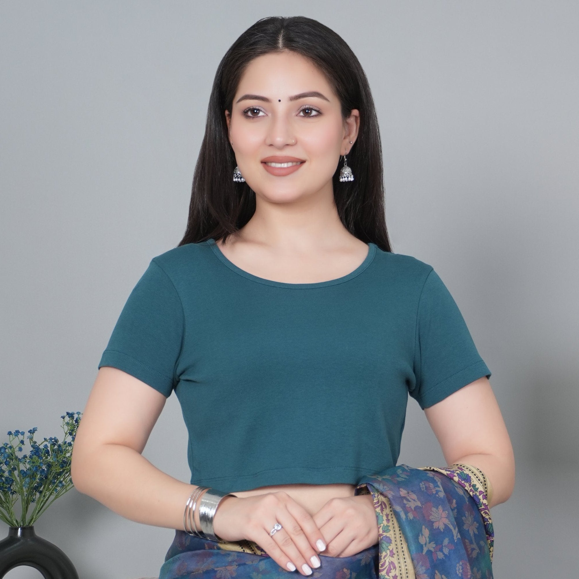 Teal Rib Crop Tshirt Blouse [ 100% USA HQ Cotton, 280 GSM non transparent fabric ] - Rib crop tshirt blouse