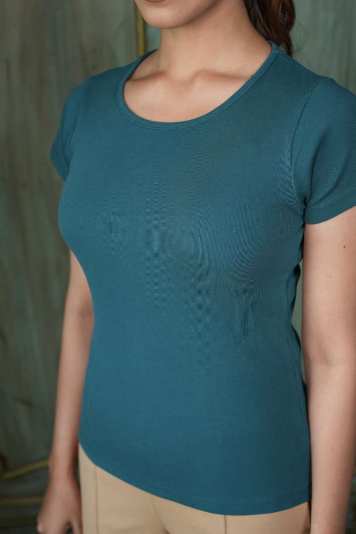 Teal Rib T Shirt [ 100% Cotton, 280 GSM non transparent fabric ] - Rib t shirt