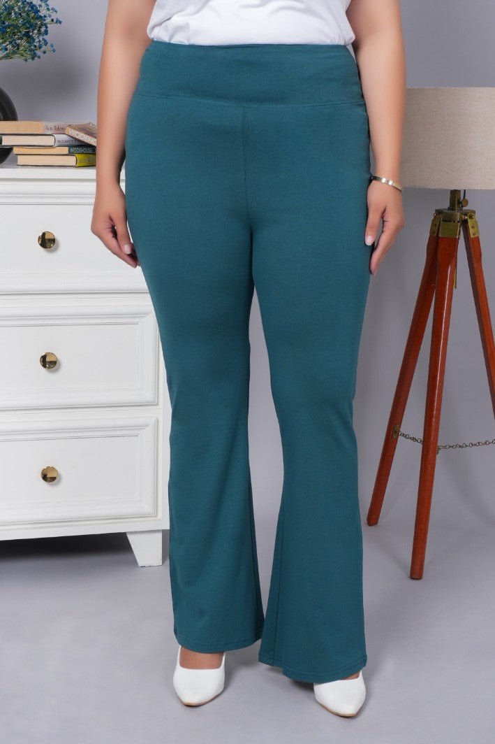 Teal stretchable biowash cotton flare pants with superior elastic belt. - Cotton flare