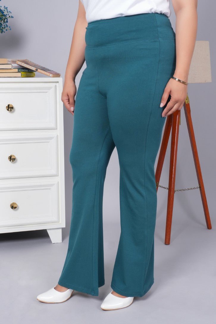 Teal stretchable biowash cotton flare pants with superior elastic belt. - Cotton flare