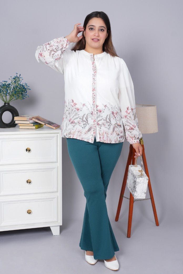 Teal stretchable biowash cotton flare pants with superior elastic belt. - Cotton flare