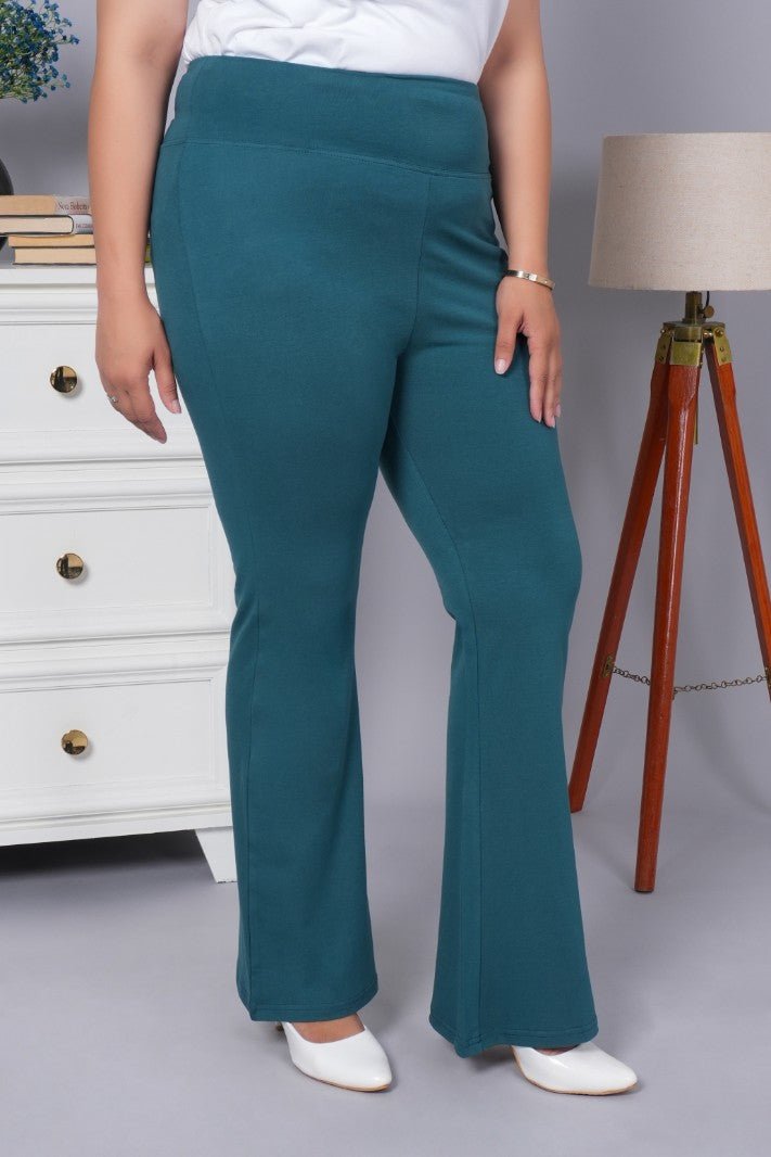 Teal stretchable biowash cotton flare pants with superior elastic belt. - Cotton flare