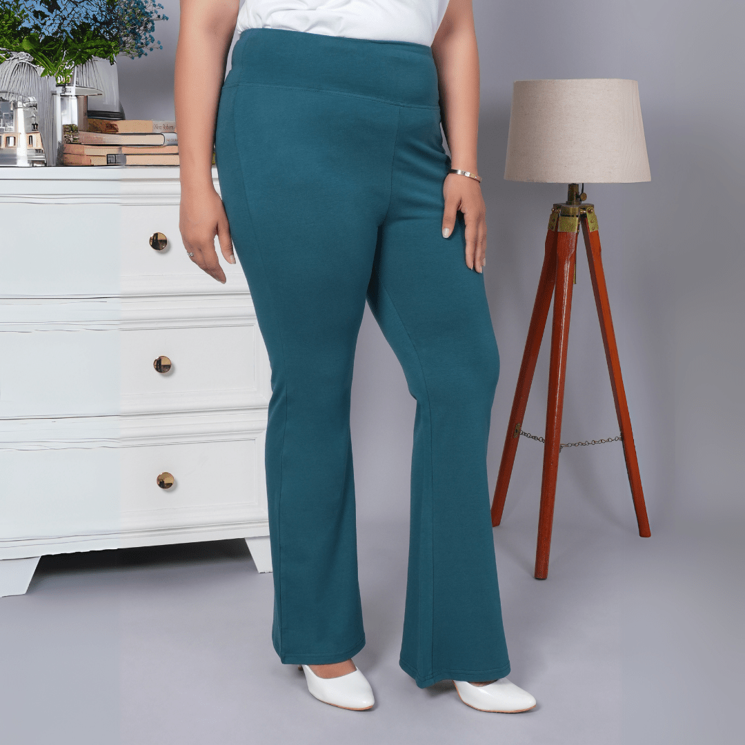 Teal stretchable biowash cotton flare pants with superior elastic belt. - Cotton flare