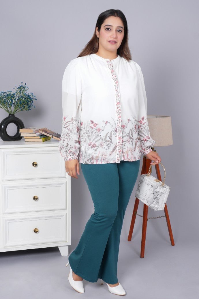 Teal stretchable biowash cotton flare pants with superior elastic belt. - Cotton flare