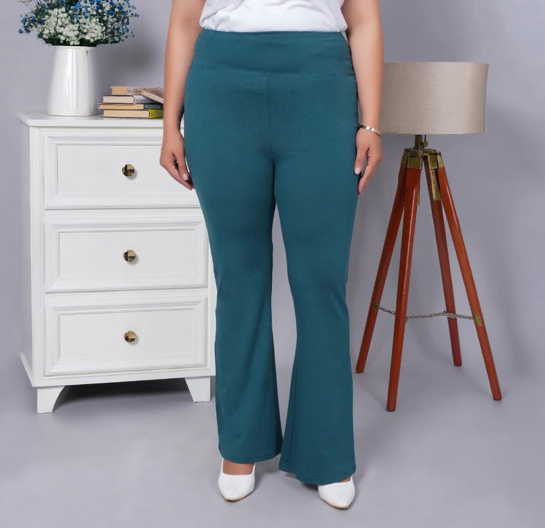 Teal stretchable biowash cotton lycra flare legging with superior elastic belt. -Cotton flare