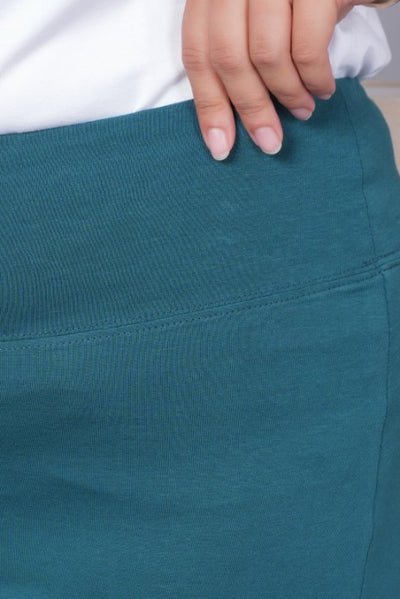 Teal stretchable biowash cotton lycra flare legging with superior elastic belt. -Cotton flare