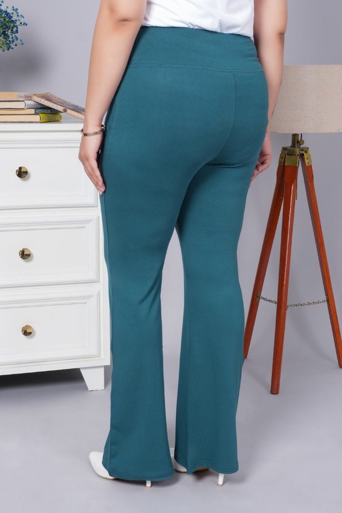 Teal stretchable biowash cotton lycra flare legging with superior elastic belt. -Cotton flare