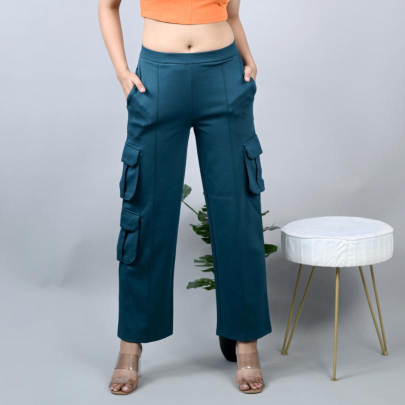 Teal stretchable biowash USA HQ cotton cargo pant with superior elastic belt. - Milano Cargo Pants