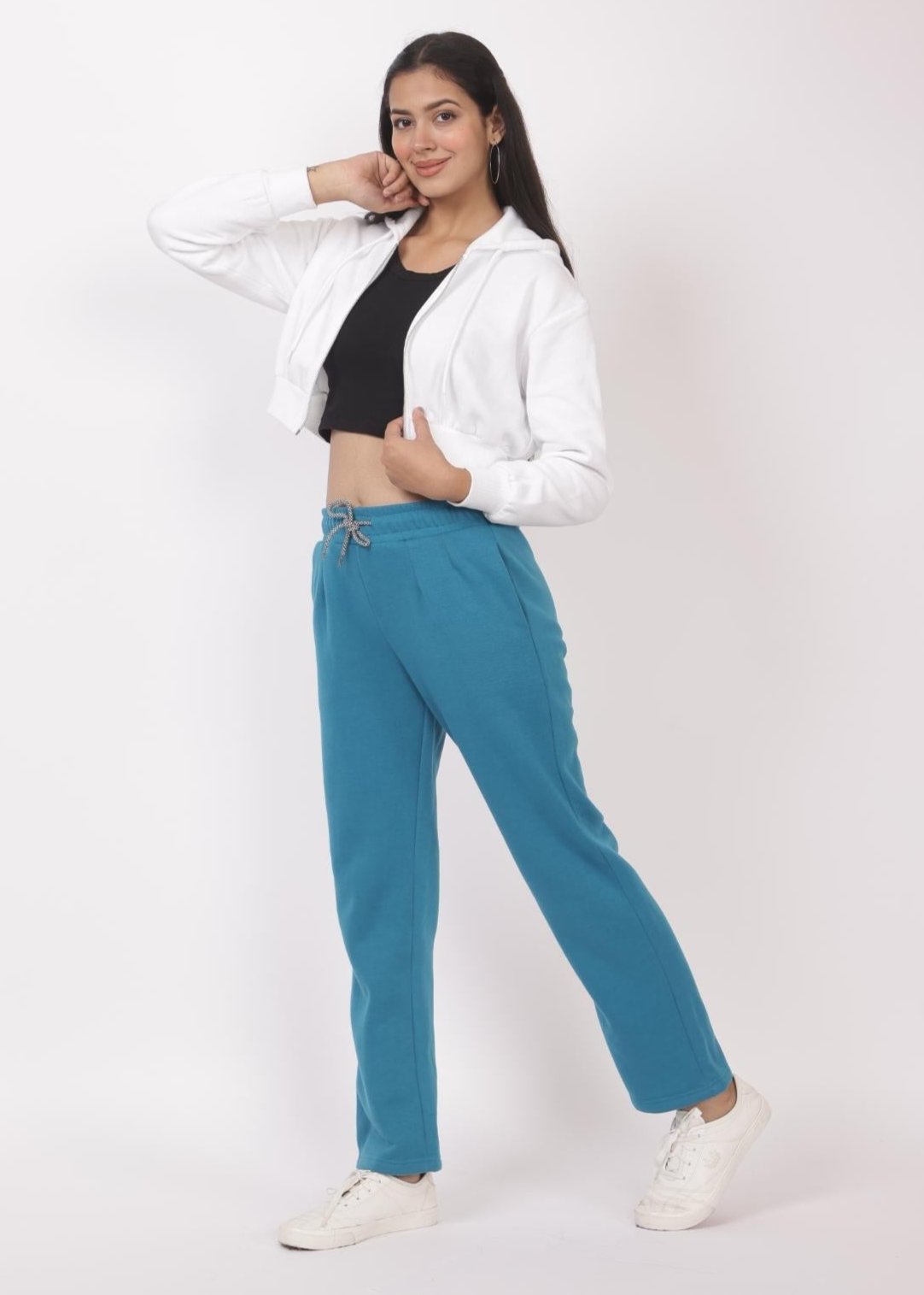 Teal stretchable biowash USA HQ winter cotton fleece cigarette pencil pants with superior elastic belt. [Straight fit] - Winter straight pant