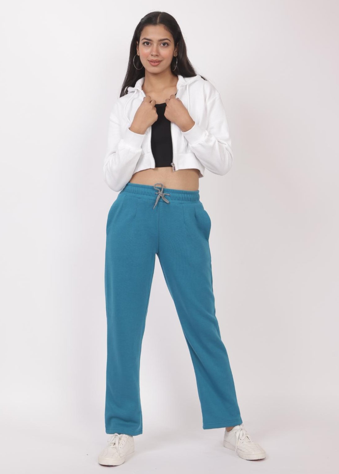 Teal stretchable biowash USA HQ winter cotton fleece cigarette pencil pants with superior elastic belt. [Straight fit] - Winter straight pant