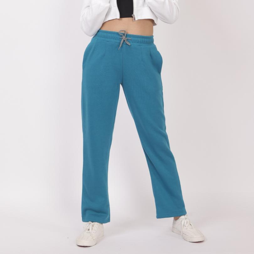 Teal stretchable biowash USA HQ winter cotton fleece cigarette pencil pants with superior elastic belt. [Straight fit] - Winter straight pant