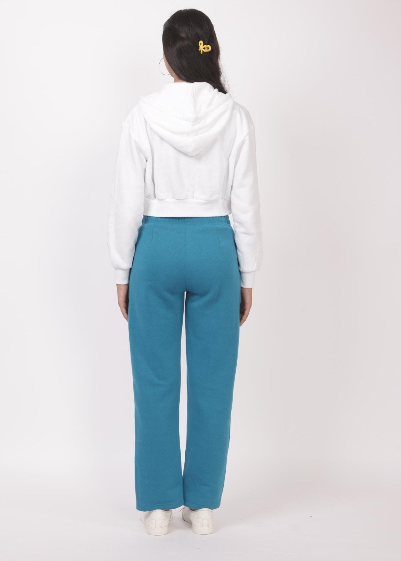 Teal stretchable biowash USA HQ winter cotton fleece cigarette pencil pants with superior elastic belt. [Straight fit] - Winter straight pant